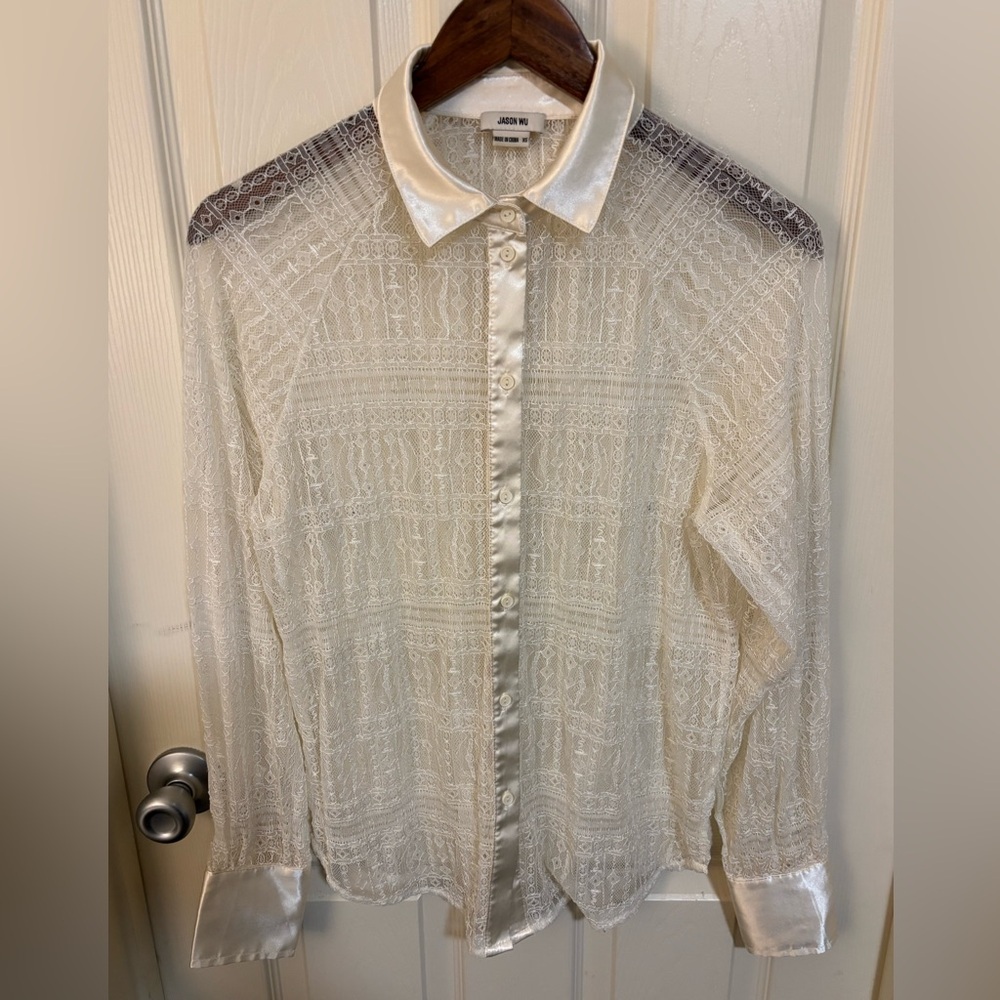 Jason Wu Ivory Lace Button Front Blouse XS Satin Collar Cuffs